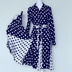 Carolina Herrera: Black & White Long Sleeve Polka Dot Button Up Midi Dress